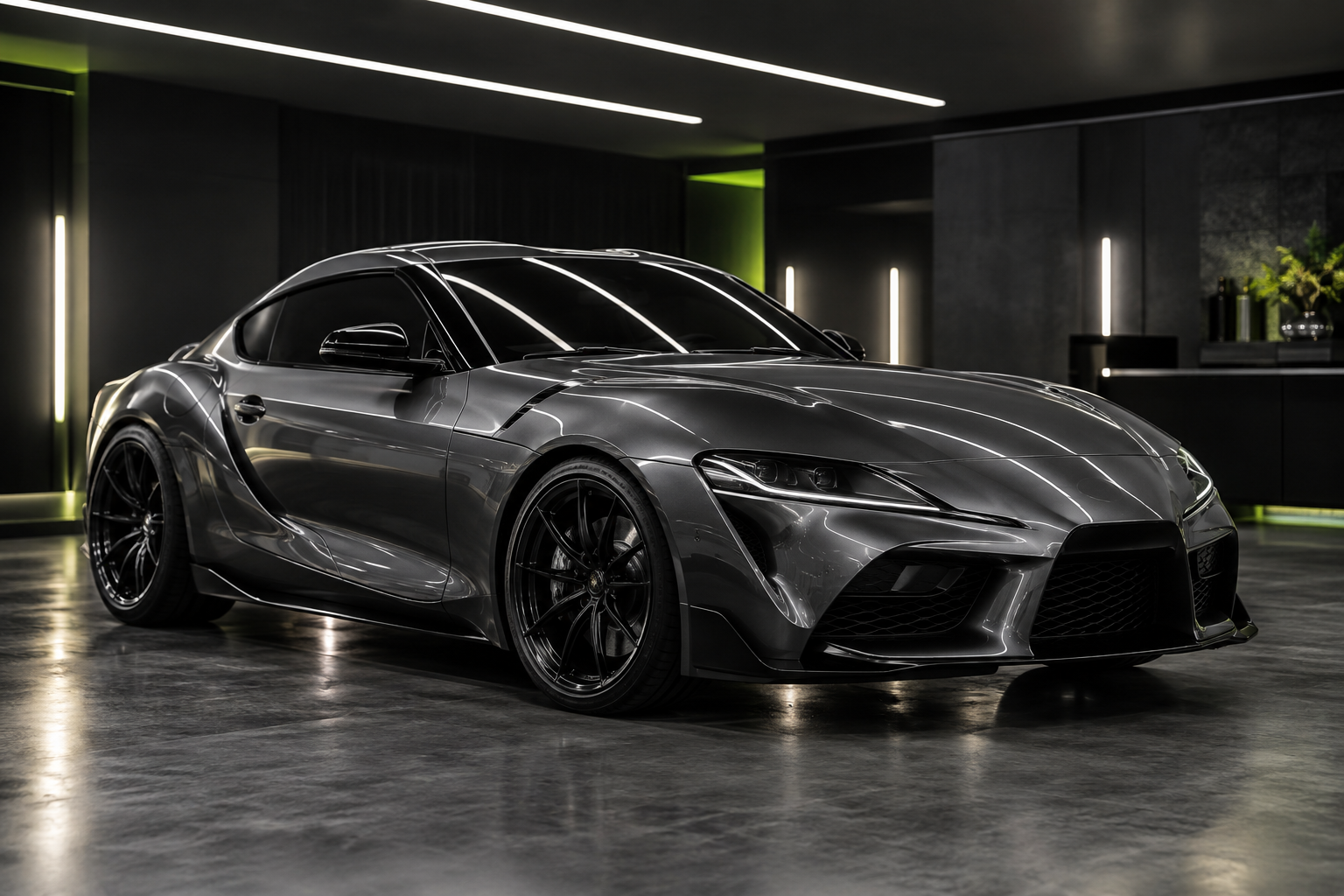 Graphite sports coupe in a window tinting studio